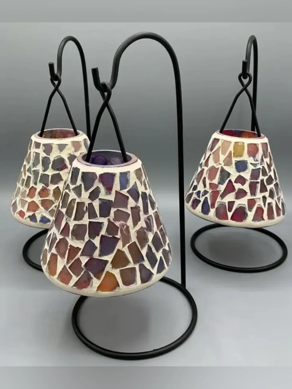 READ! Vintage 90s Jewel-Toned Mosaic Hanging Tea Light Votive Lantern Trio